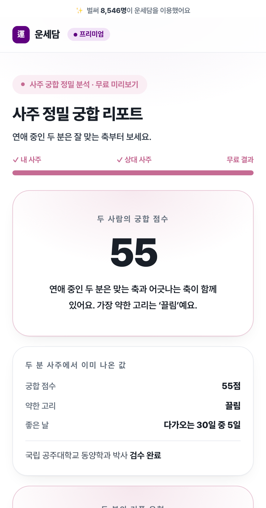 궁합 리포트의 무료 미리보기 화면